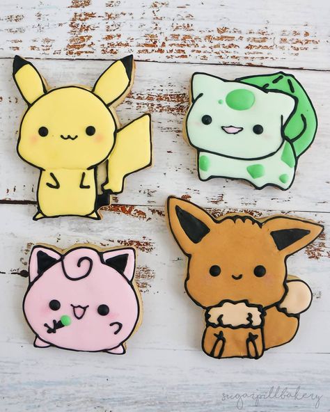 Pokemon sugar cookies. Pikachu Bulbasaur Jigglypuff and Eevee Eevee Cookies, Pokemon Sugar Cookies, Pokemon Cookies, Pokémon Cake, Pokemon Jigglypuff, Pokemon Cake, Pokemon Birthday Party, Pokemon Party, Glamour Nails