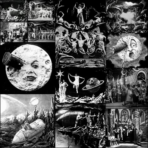 A Trip to the Moon 1902 Picture Collage A Trip To The Moon 1902, 1920s Horror Aesthetic, Moon Cinematography, A Trip To The Moon Tattoo, Moon Collage, A Trip To The Moon, Animes Emo, George Melies, Movie Collage