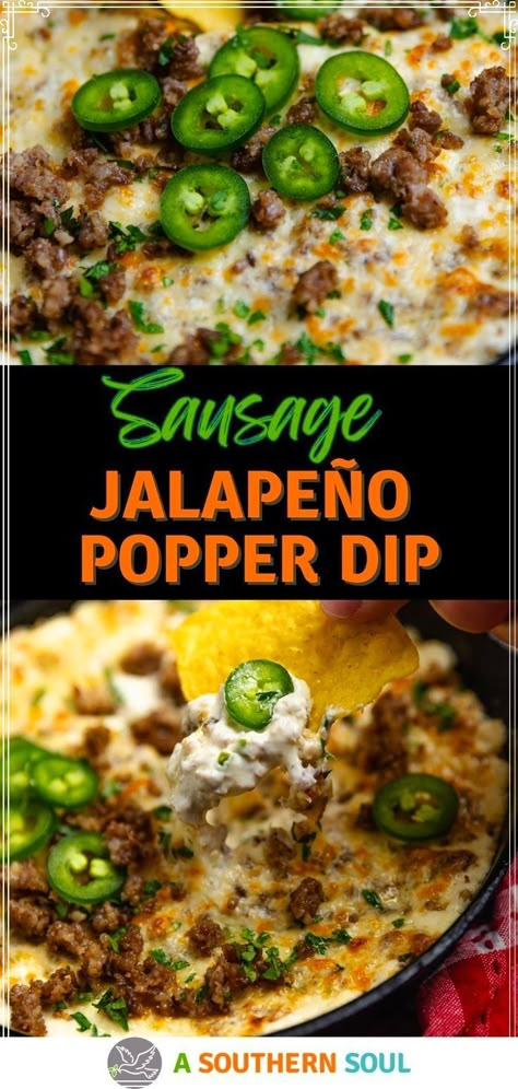 All the amazing flavors of jalapeño poppers are combined with sausage to make an amazing hot dip that is over the top delicious! Sausage Jalapeño Popper Dip is a warm, spicy appetizer that’s great for any party. Jalapeno Poppers With Sausage, Jalapeno Popper Dip, Popper Dip, Spicy Dip, Appetizers Easy Finger Food, Jalapeno Popper, Best Appetizer Recipes, Dip Recipes Easy, Recipes Appetizers And Snacks