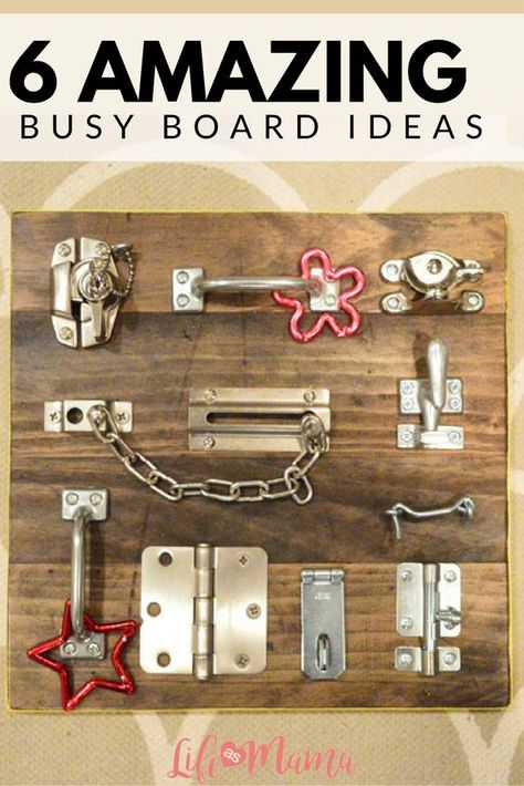 A great way to keep your toddler entertained, learning and just plain busy is to build them a busy board! All you need is a piece of wood and any odds and end that toddlers love to play with: locks, light switches, door stoppers, wheels, bells- you name it! Oppgaver For Barn, Diy Busy Board, Latch Board, Maluchy Montessori, Busy Boards, Boys Playroom, Busy Boards For Toddlers, Young House, Childs Play