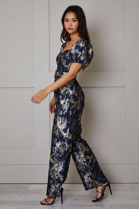 Buy Chi Chi London Blue Puff Sleeve Jacquard Wide Leg Jumpsuit from the Next UK online shop Jumpsuit Blue, Dressing Gown Robe, Chi Chi London, Jacquard Design, Occasion Dresses Wedding, Beachwear Skirt, Floral Jacquard, Floral Jumpsuit, Denim Coat Jacket