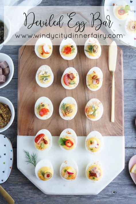 Deviled Egg Bar - The Windy City Dinner Fairy Fairy Recipes, Fairy Party Food, Peeps Recipes, Easter Dinner Menus, Healthy Easter Recipes, Meatball Appetizer Recipe, Easy Easter Recipes, Egg Platter, Platter Ideas