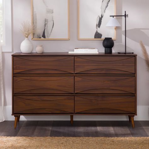 Latitude Run® Tignor 6 - Drawer Dresser | Wayfair Bedroom Spacious, Solid Wood Dresser, Walnut Dresser, Furniture Storage Cabinets, Mid Century Modern Dresser, Boho Interiors, Floor Table, Rooms To Go, Streamline Design