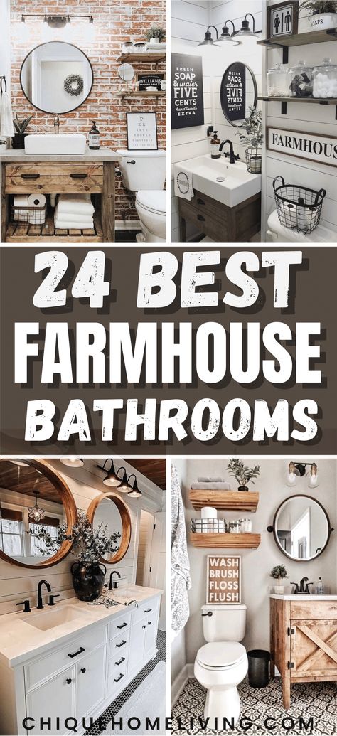 Are you on the hunt for farmhouse bathroom ideas to revamp your space? Check out these curated and swoon-worthy farmhouse bathrooms. Vintage Clawfoot Tub, Reclaimed Wood Cabinet, Farmhouse Bathrooms, Wooden Accent Wall, Farmhouse Bathroom Ideas, Cabin Aesthetic, Best Farmhouse, White Subway Tiles, Industrial Style Lighting