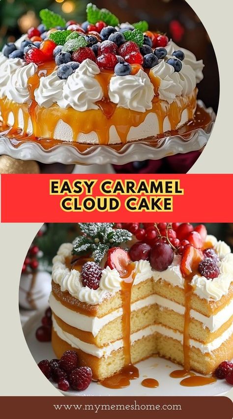 Make Dessert Dreams Come True with This Easy Caramel Cloud Cake Recipe! Cloud Cake Recipe, Caramel Ingredients, Kiwi And Banana, Make Dessert, Easy Caramel, Cloud Cake, Caramel Slice, Vanilla Cake Mixes, Christmas Recipe