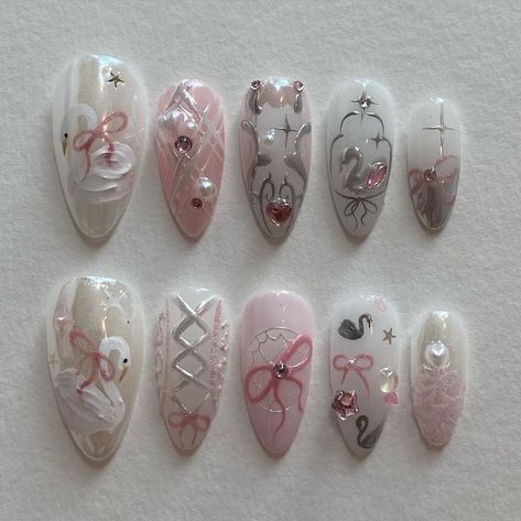 custom set ; swan lake ib flower knows makeup | Instagram Blush Nails, Soft Nails, Cat Nails, Jelly Nails, Kawaii Nails, Nagel Inspo, Manicure Y Pedicure, Funky Nails, Cute Acrylic Nails