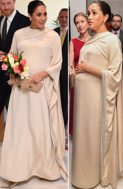 2/24/2019 MOROCCO British Ambassador's Residence reception - The Duchess looked radiant in a cream custom made Dior gown for the evening. The Moroccan-inspired, kaftan-style piece was a perfect choice for the occasion and another sartorial nod to her host country. Meghan has turned to Dior for several important events since the wedding, and they've always succeeded in creating classic, elegant and timeless pieces suited to the events she's attending. Meghan Markle Harry, Boubou Gown, Princ Harry, Dior Gown, Evening Reception, Duchess Meghan, Prins Harry, Meghan Markle Style, Estilo Real