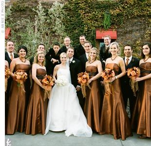 The Wedding Party In Bronze perhaps adding Teal sashes and succulent bouquets Bronze Wedding Dress, Fall Wedding Bridesmaids, Brown Bridesmaid Dresses, Bronze Wedding, Fall Bridesmaids, Fall Wedding Diy, Fall Bridesmaid Dresses, Lily Flowers, Brown Wedding