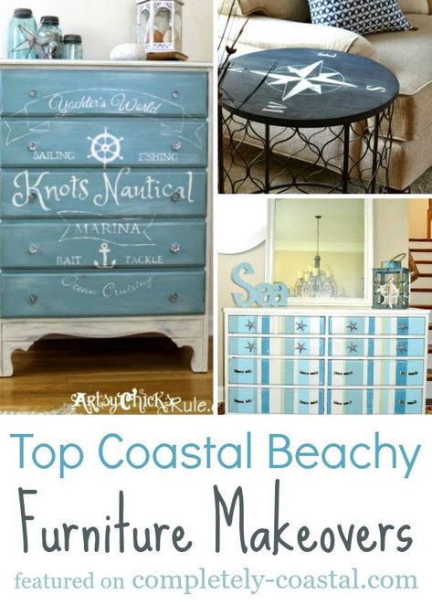 Coastal, Beachy and Nautical Furniture Makeovers! http://www.completely-coastal.com/2014/06/coastal-nautical-furniture-makeover-wicker-chair-table-dresser.html Diy Coastal Dresser Makeover, Coastal Dressers, Coastal Stenciled Furniture, Nautical Decals For Furniture, Beachy Stencil On Wood Dresser, Nortical Theme Bedroom, Beachy Furniture, Nautical Furniture, Cottage Coastal