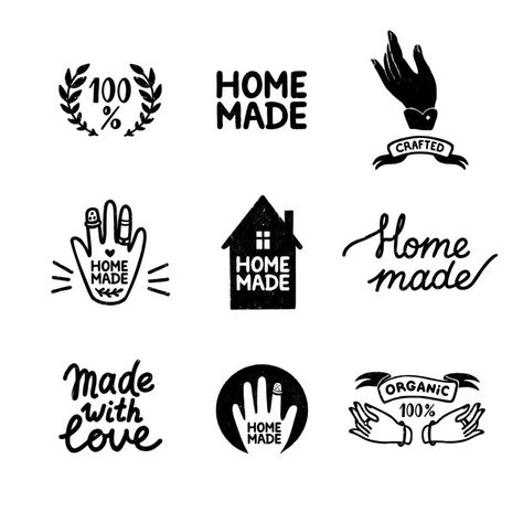 Homemade stamp logos set - vintage icons in stamp style, home made lettering with cute house and hands silhouettes. Vintage vector illustration for banner and label design. Homemade Stamps, Hand Silhouette, Handmade Stamps, Vintage Icons, Cute House, Logo Set, Logo Banners, Cityscape Photos, Background Banner