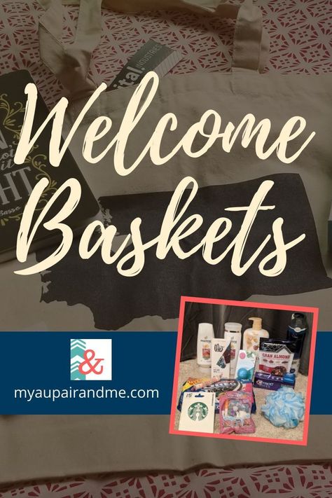 Welcoming an exchange student? Au pair? Friends and family? We have practical tips to help you create the best welcome basket and welcome gifts while staying on budget. See all  the My Au Pair and Me Blog posts at www.myaupairandme.com  #myaupairandme #aupair #aupairblog Welcome Basket For Exchange Student, Au Pair Welcome Basket, Exchange Student Welcome Basket, Tenant Gifts, Student Welcome Gifts, Welcome Gift Basket, Foreign Exchange Student, Welcome Basket, Welcome Baskets