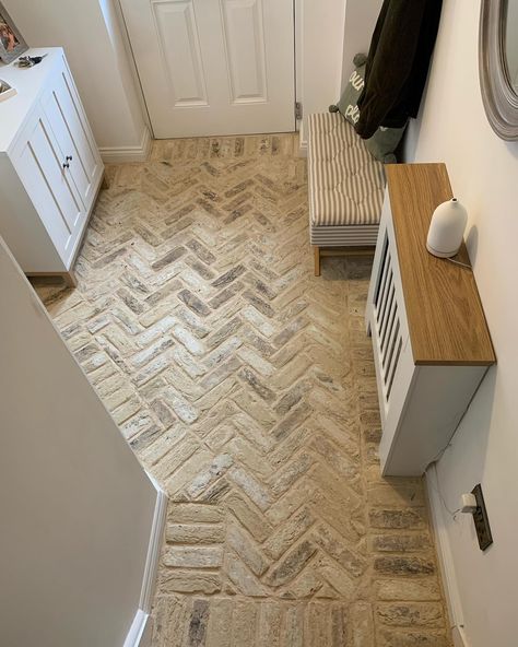 Brick slips flooring with blend 10 in a herringbone pattern, just beautiful! Swipe for an extra treat! Fantastic work @georgiamonaghan . #brickslips #flooring #interiordesign Herringbone Brick Tile Floor, Brick Tile Floor, Herringbone Brick Floor, Brick Slip, Herringbone Brick, Brick Slips, Brick Tile, Herringbone Floor, Brick Flooring