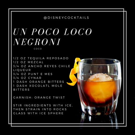 Un Poco Loco cocktail, Disney Cocktails, Coco, negroni recipes Coco Recipes, Disney Alcoholic Drinks, Movie Recipes, Disney Cocktails, Disney Movie Night Dinner, Disney Parties, Negroni Recipe, Movie Night Dinner, Disney Drinks