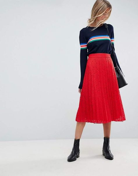 ASOS Pleated Lace Midi Skirt Line Skirt Outfit, Red Midi Skirt Outfit, Pleated Midi Skirt Outfit, A Line Skirt Outfits, Red Midi Skirt, Midi Skirt Outfit, Lace Midi Skirt, Latest Skirts, Red A