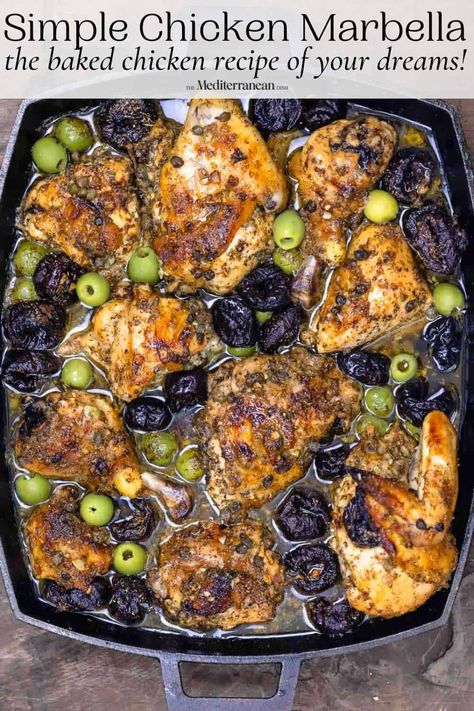 Chicken Marbella is the baked chicken recipe from the famous Silver Palate Cookbook! The combination of capers, prunes, olives, and herbs create an easy-to-make masterpiece! Smoked Paprika Chicken, Silver Palate Cookbook, Chicken Marbella, Recipe With Chicken, The Mediterranean Dish, Chicken With Olives, Mediterranean Chicken, Mediterranean Dishes, Chicken Dishes Recipes