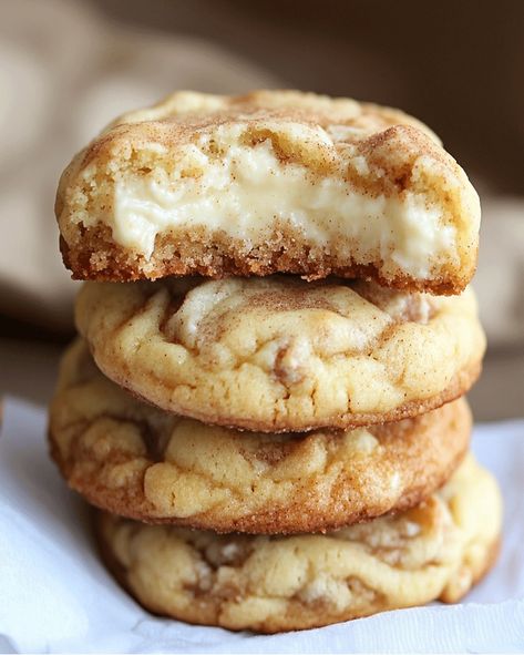 Cinnamon Cheesecake Cookies Recipe | Easy Baking Tips Cheesecake Cookies Recipes, Snickerdoodle Cheesecake, Cinnamon Cheesecake, Cookie Dough Ingredients, Quick Cookies Recipes, Cinnamon Roll Cheesecake, Rich Cheesecake, Quick Cookies, Stuffed Cookies