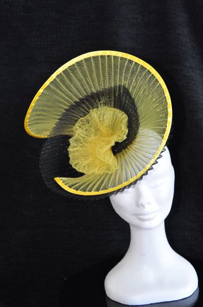 Edged pleated crinoline yellow by LYNDA DWYER NINNESS #millinery #HatAcademy Pleated Crinoline Fascinator, Luxury Sinamay Hat Headpiece, Summer Evening Fascinator, Adjustable, Lilac Fascinator, Luxury Hat-shaped Fascinator For Garden Party, Elegant Flower-shaped Adjustable Fascinator, Green Fascinator, Fascinator Hats Diy, Sinamay Fascinator