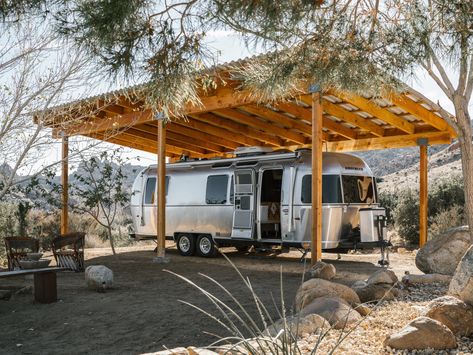 Porch For Camper, Rv Shelter, Joshua Tree Airbnb, Rv Carports, Rv Covers, Airstream Living, Airstream Remodel, Airstream Interior, Rv Garage