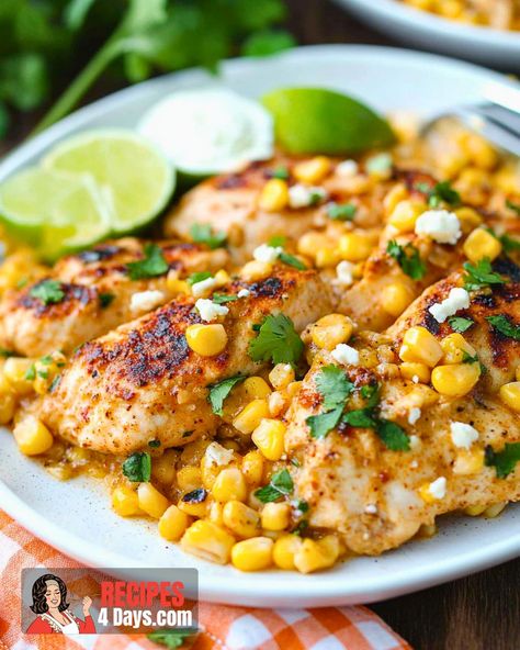 Mexican Street Corn Chicken Mexican Street Corn Chicken, Street Corn Chicken, Corn Chicken, Baked Corn, Creamy Corn, Light Salad, Tender Chicken Breast, Mexican Street Corn, Cotija Cheese