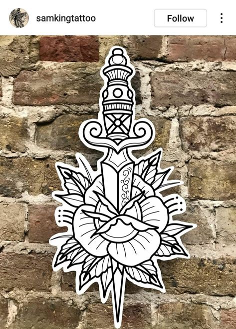 Traditional Dagger Tattoo, Traditional Tattoo Outline, Traditional Tattoo Stencils, Traditional Tattoo Drawings, Sam King, Zeus Tattoo, Shin Tattoo, Traditional Tattoo Flowers, On Tattoo