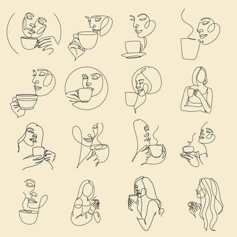 Coffee Cup Line Art, Teas Aesthetic, Art Shop Logo, Tea Logo Design, Coffee Line Art, Woman With Coffee, Coffee Cup Tattoo, Logo Cafe, Logo Design Coffee