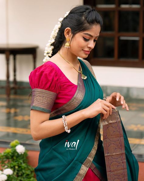 Tredisnal Saree Blouse Designs, Pattu Saree Puff Blouse Designs, Half Saree Puff Blouse Designs, Puff Blouse Back Design, Puff Hands Blouse Designs For Half Saree, Brocade Blouse Designs Latest For Pattu Sarees, Pattublouse Designs Latest, Puff Sleeve Blouses For Sarees, Bloue Hands Design