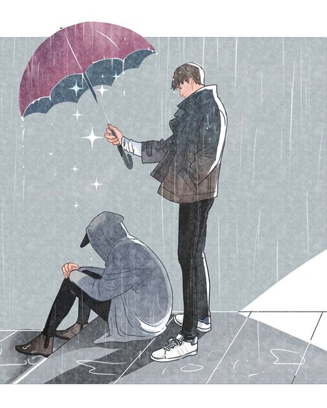 Person With Umbrella Drawing, Umbrella Pose Reference Couple, Standing In The Rain Drawing, Sharing Umbrella Drawing, Rain Drawing Reference, Two People Under Umbrella, Character In The Rain, Rain Illustration Rainy Days, Raining Drawing