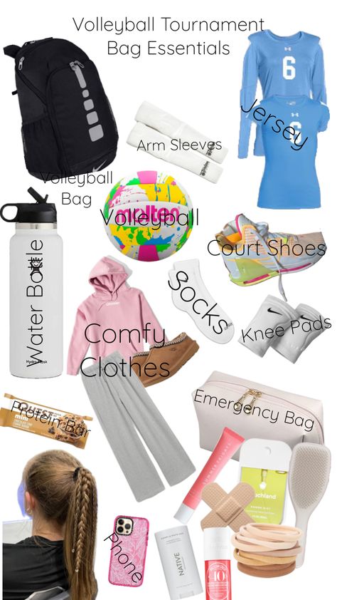 #volleyball, tournament bag essentials Volleyball Essentials, Sports Bag Essentials, Volleyball Accessories, Volleyball Tournament, Volleyball Bag, Volleyball Tournaments, Volleyball Practice, Volleyball Inspiration, Volleyball Workouts