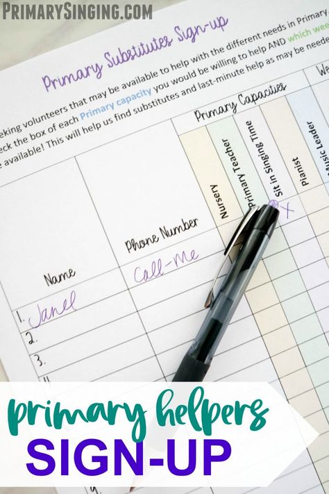 Primary Volunteers Sign-Up Sheet - free printable to help you find willing helpers to assist in Primary! With spots to check for nursery, singing time, pianist, and more! Plus, let them pick the week to fit with the Come, Follow Me schedule. #lds #primary #singingtime #primarypresident #churchofjesuschrist #latterdaysaint Nursery Singing Time, Primary Teachers Gifts, Lds Primary Presidency, Primary Secretary, Lds Nursery, Primary Activity, Printable Schedule, Primary Presidency, Primary Chorister