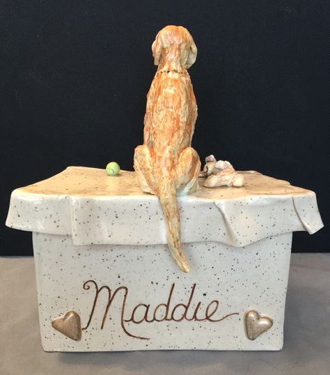 Maddie's memorial keepsake. She loved sitting in her window perch, with her favorite toys and tennis balls.  Handmade ceramic by Eldoop.com Dog Golden Retriever, Window Perch, Dog Urns, Pet Keepsake, Ceramic Dog, Dog Sculpture, Treat Jars, Ceramic Jars, Tennis Balls