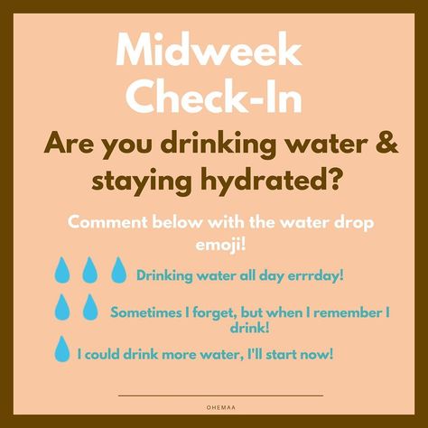 Ohemaa Health & Wellness Group on Instagram: “Good Morning Ohemaa’s and happy Wednesday! Are you drinking enough water? I’ve been 💧💧. Comment below!” Wellness Wednesday Tips Healthy, Wellness Wednesday Tips, Water Wednesday, Drinking Enough Water, Posts Ideas, Wellness Wednesday, Drink More Water, Water Me, Happy Wednesday