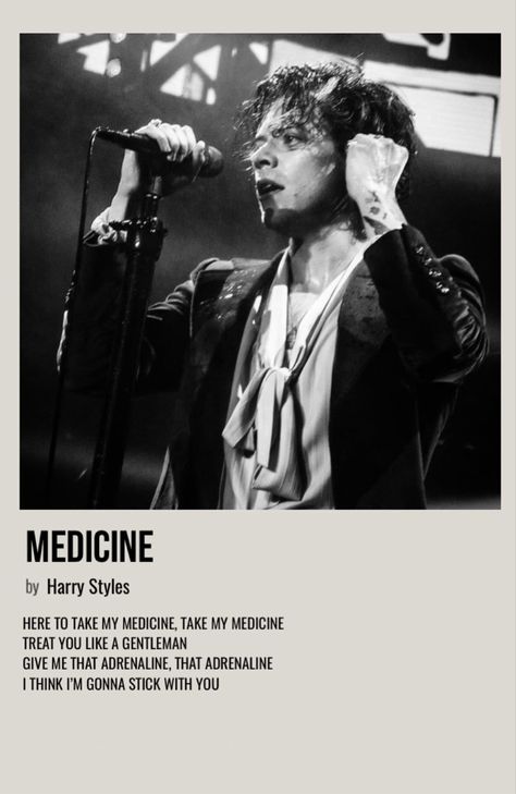 Harry Poster Vintage, Harry Styles Medicine Poster, Music Polaroid Posters Harry Styles, Harry Styles Song Aesthetic, Harry Styles Song Polaroid, Medicine Harry Styles Aesthetic, Harry Styles Bio Ideas, Music Poster Harry Styles, Harry Styles Photo Wall