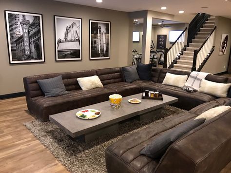 Brown Couch Basement Ideas, U Couch, Man Cave Basement, Brown Couch, Basement Remodel, Basement Bar, Basement Design, Basement Remodeling, Basement Ideas