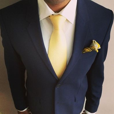 Navy COS suit, white Charles Tyrwhitt shirt, bespoke light yellow tie, navy and yellow printed Monsieur Fox pocket square Dark Blue Tux, Blue Tux, Navy Suits, Navy Tuxedos, Charles Tyrwhitt Shirt, Dark Blue Suit, Cute Homecoming Dresses, Suit White, Navy And Yellow