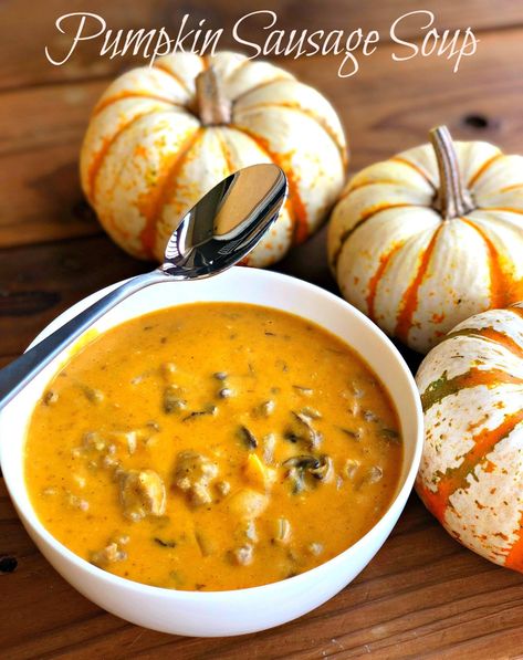 Pumpkin Sausage Soup Recipe, Pumpkin Sausage Soup, Pumpkin Cooking, Pumpkin Sausage, Mild Italian Sausage, Sausage Soup, Eat Seasonal, Fall Soups, Savory Sauce