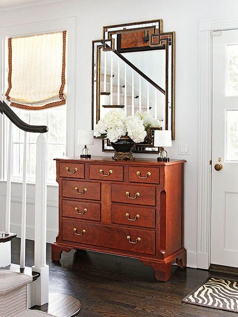 Mudroom Ideas With Mirror, Front Entry Decor, Front Entrance Decor, Entryway Organizer Wall, Cherry Dresser, Foyer Furniture, Antique Storage, Entry Furniture, Entry Decor