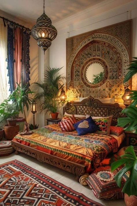 Asian Boho Decor, Indian Home Decor Bedroom, Contemporary Chic Bedroom, Indian Style Bedroom, Moroccan Inspired Bedroom, Ornate Decor, Chic Bedroom Ideas, Indian Room, Hippie Living