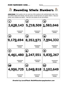 Have your students practice rounding whole numbers with this fun Kagan strategy activity. Students stay active as they walk around and find partners to solve each problem. Each partner can only solve one problem on each person's paper, so students stay engaged throughout the activity.  Concepts included: -Rounding whole numbers to the millions place value.  Three "Find Someone Who..." activities are included.  1) 5-digit numbers 2) 6-digit numbers 3) 7-digit numbers Rounding Numbers Activities, Rounding Off Numbers, Rounding Whole Numbers, Rounding Numbers, Whole Numbers, Number Activities, Place Value, 4th Grade Math, Place Values