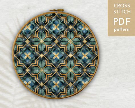 "Geometric tile cross stitch pattern for instant download, offered as a digital PDF pattern. Perfect for you natural and boho handmade decoration :) If you like this geometric tile pattern, check out my Etsy shop section \"GEOMETRIC CROSS STITCH PATTERNS\": https://www.etsy.com/shop/SannPatterns?ref=seller-platform-mcnav&section_id=40208197 ABOUT THE PATTERN **HYDRAULIC TILE #5 ♥ This is a printable digital pattern, with instructions in English and Spanish, which includes: -Color chart (DMC) -Number of stitches for each color -Number of skeins for each color -Fabric size  -Color + Symbol pattern fit in 1 page, perfect to use on your phone & tablet -Color + Symbol pattern fit in 4 pages, perfect to print on paper -Symbol B/W pattern fit in 1 page -Symbol B/W pattern fit in 4 pages ♥ FABRIC Geometric Tile Pattern, Portrait Cross Stitch, Dragon Cross Stitch, Cross Stitch Geometric, Cross Stitch Pillow, Cat Cross Stitch Pattern, Boho Handmade, Geometric Tiles, Mini Cross Stitch