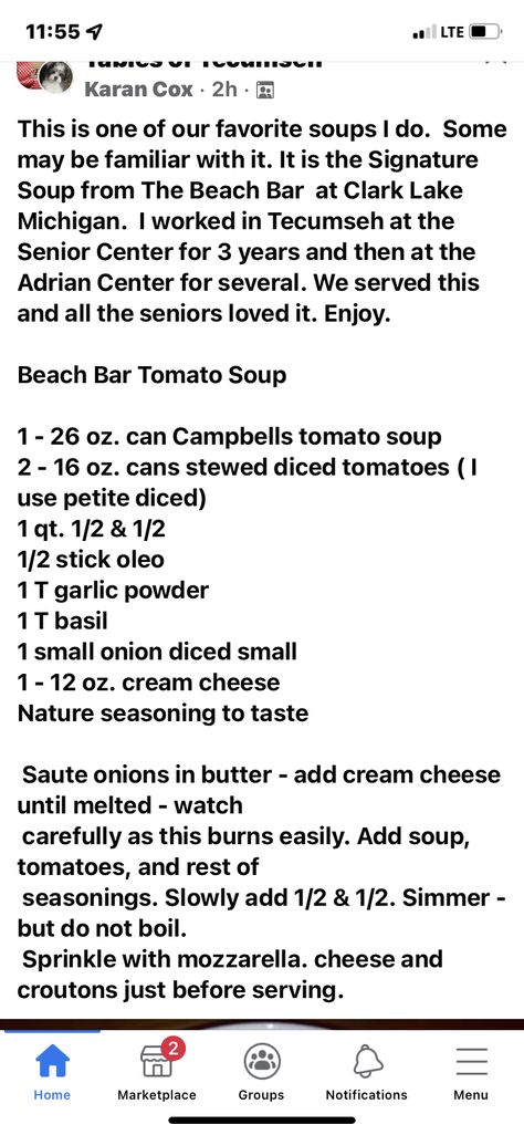 Beach Bar Tomato Soup Clark Lake Recipe, Beach Bar Tomato Soup Clark Lake, Beach Bar Tomato Soup, Homemade Soups, Winter Cooking, Sandwiches For Lunch, Crock Pot Soup, Beach Bar, Homemade Soup