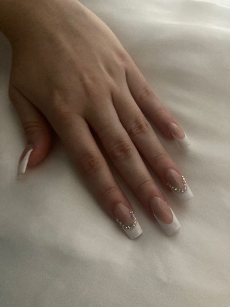 White Nails Rinstone, French Tip 1.5, White French Nails With Diamonds, Diamond Acrylics, White French Tip Nails With Rhinestones, French Nails With Diamonds, French Tips With Rhinestones, French Tip Nails With Rhinestones, French Tip With Rhinestones