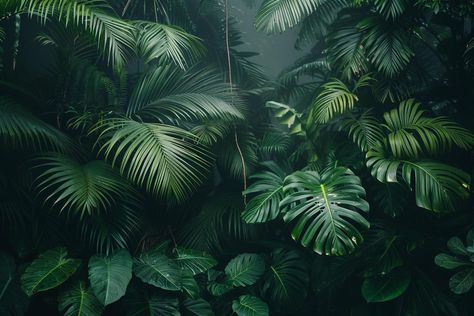 Tropical jungle plants and leaves in the dark background Dark Jungle Background, Desktop Wallpaper Leaves, Green Aesthetic Landscape Wallpaper, Dark Jungle Aesthetic, Dark Tropical Aesthetic, Tropical Leaf Background, Jungle Background, Jungle Plants, Goth Garden