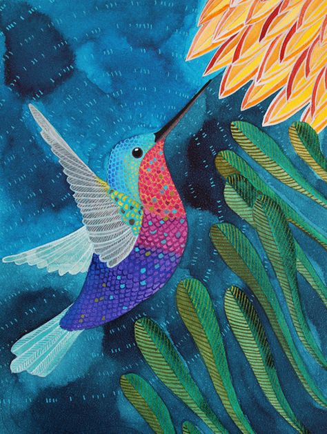 Vibrant humming bird Gond Painting, Hummingbird Painting, Hummingbird Art, Bird Drawings, Bird Illustration, Watercolor Bird, Birds Painting, Bird Prints, Bird Art