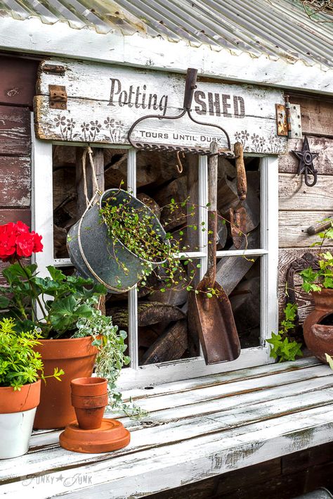 Rustic shed with garden shutters and bike - Funky Junk Interiors Build Potting Bench, Shed Conversion Ideas, Rustic Shed, Shed Signs, Potting Tables, Funky Junk Interiors, Potting Sheds, Potting Bench, Sign Stencils