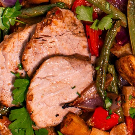 Cajun Pork Fillet Traybake with Vegetables | LovePork Pork Filet, Pork Fillet Recipes, Cajun Pork, Fillet Recipes, Pork Satay, Pork Belly Slices, Pork Curry, Steak Dishes, Recipes Pork