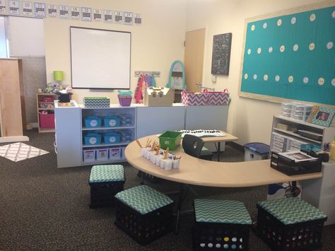 The horseshoe table is now my desk, right next to the creative play area! Horseshoe Table As Teacher Desk, Horseshoe Table Classroom, Horseshoe Table, Farmhouse Classroom, Classroom Management Plan, Classroom Desk, Classroom Layout, Homeschool Room, Teaching Supplies