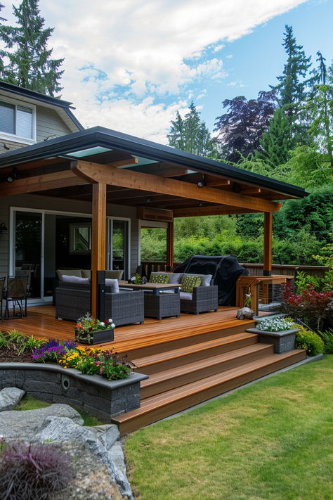 Modern Covered Deck designs with Flat Roofs Covered Deck Attached To House, Under The Deck Ideas, Covered Decks Attached To House, Deck Ideas Off Back Of House, Deck With Roof Ideas, Deck Covering, Covered Deck Ideas, Rustic Deck, Backyard Deck Ideas