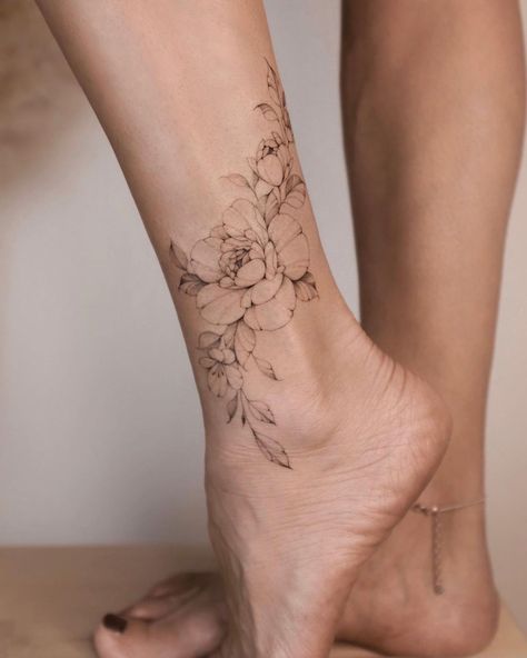 Peony Foot Tattoo, Fine Line Ankle Tattoo, Floral Ankle Tattoo, Manipulative Parents, Floral Foot Tattoo, Wrap Around Ankle Tattoos, Flower Foot Tattoo, Fine Line Floral, Ankle Foot Tattoo