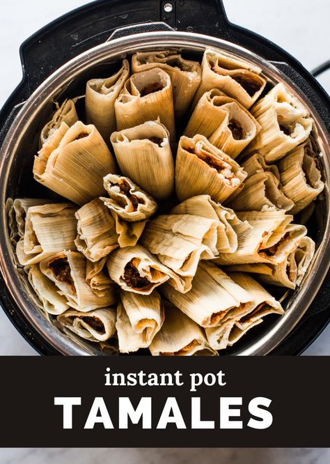 Overhead view of instant pot filled with tamales stacked upright. Instant Pot Tamales, Beef Tamales, Isabel Eats, Pork Tamales, Red Chile Sauce, Tamale Recipe, Chile Sauce, Homemade Mexican, Boneless Pork Shoulder