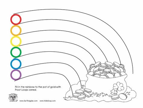 Fill in the rainbow to the pot of gold with Froot Loops cereal Rainbow Worksheet, Rainbow Template, Froot Loop, Sant Patrick, Pineapple Printable, March Crafts, St Patricks Crafts, St Patricks Day Crafts For Kids, St Patrick Day Activities